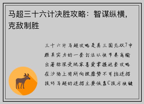 马超三十六计决胜攻略：智谋纵横，克敌制胜
